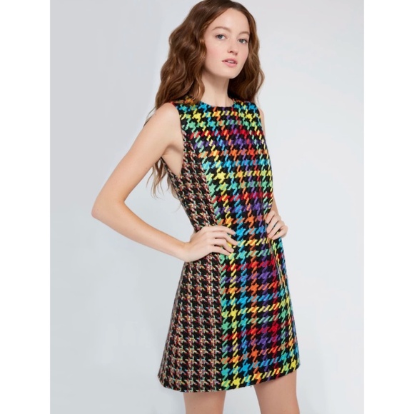 Alice + Olivia Colin Colorful Houndstooth Crewneck Sleeveless Short Mini Dress - Picture 2 of 16
